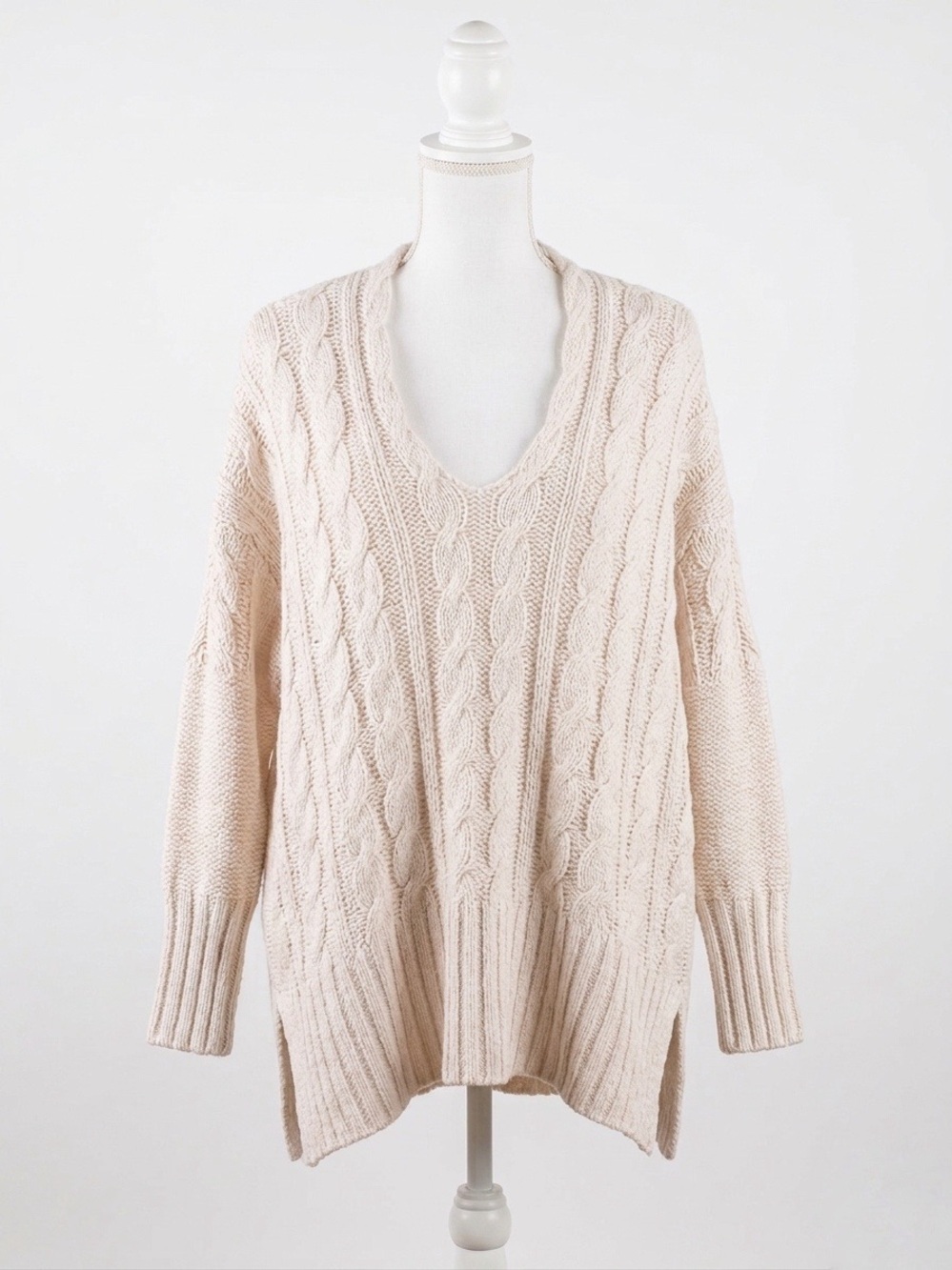 Free People Cream Beige Cable Knit Oversized Boho Slouchy Sweater 100% Cotton